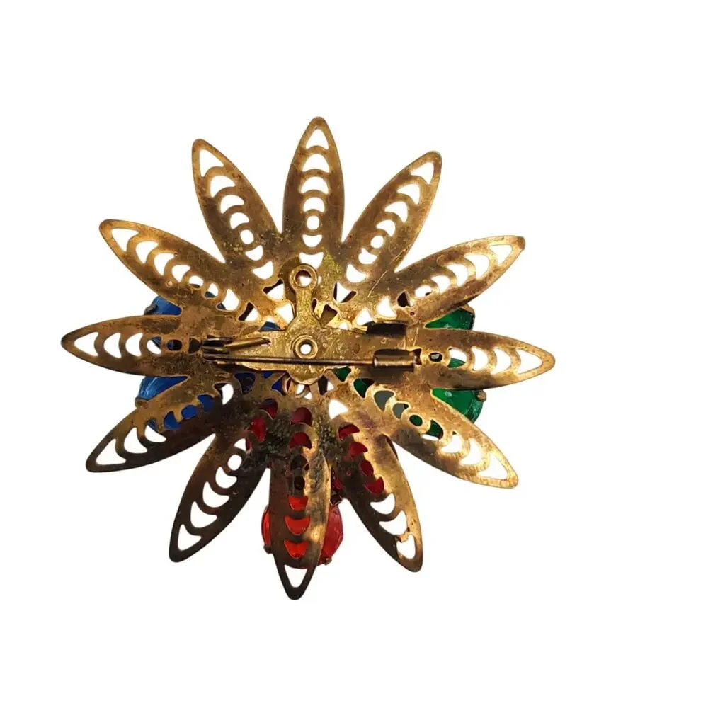 Gold Tone Filigree Brooch Orange‎ Blue Green Starburst Cluster Pin Acrylic Deco